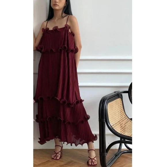 Claude | Dresses | Claude Ruffle Maxi Dress Small Burgundy Pleated  Spaghetti Strap New With Tags | Poshmark